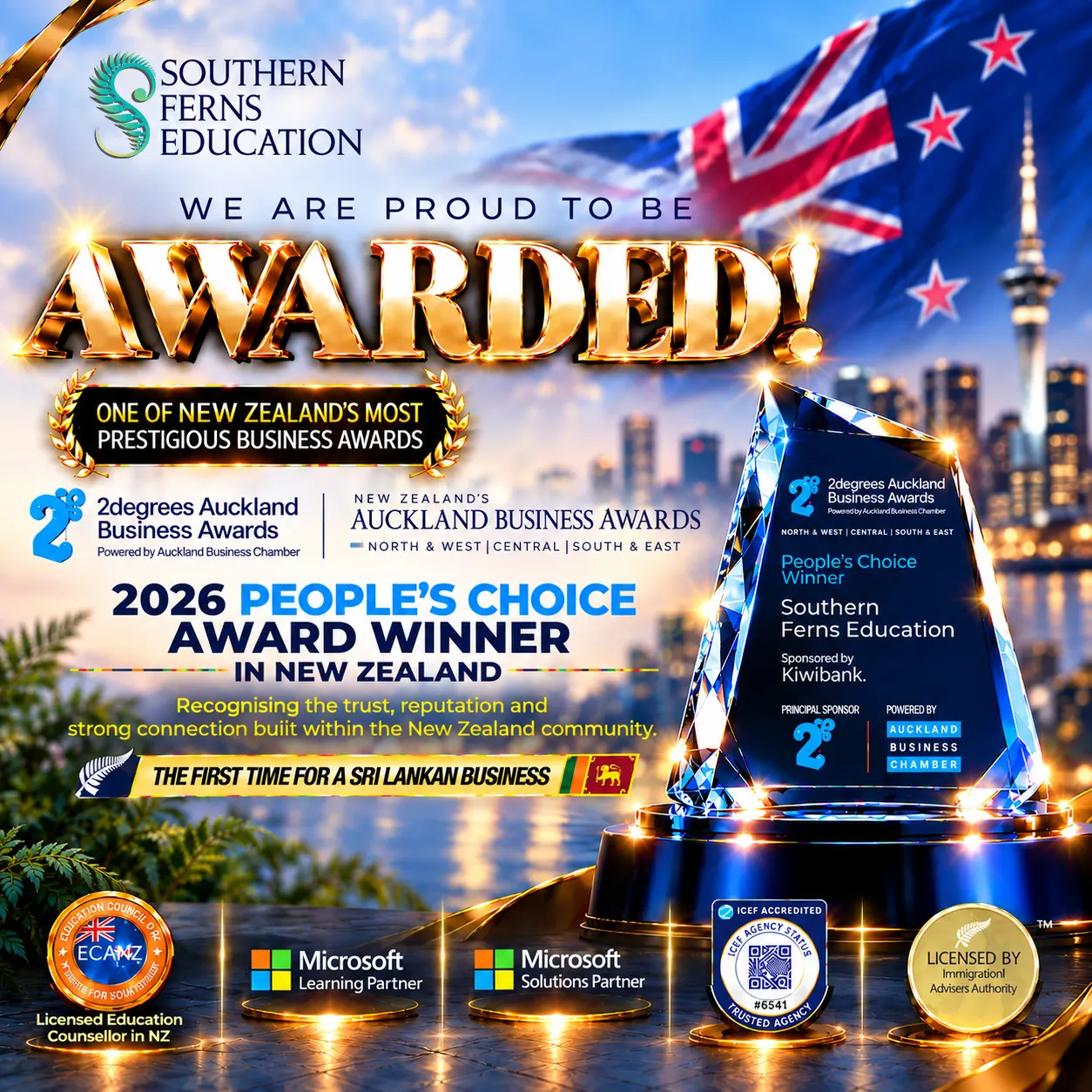 Southern Ferns Education, 2026 People’s Choice Award Winner at the 2degrees Auckland Business Awards: the first time for a Sri Lankan business